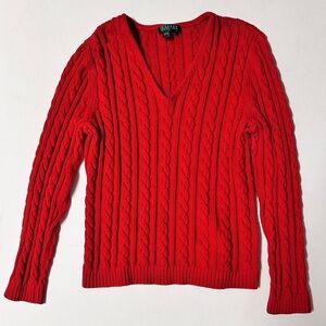 Lauren Ralph Lauren Women’s XL Red Cable Knit Sweater Cotton Blend V Neck Preppy